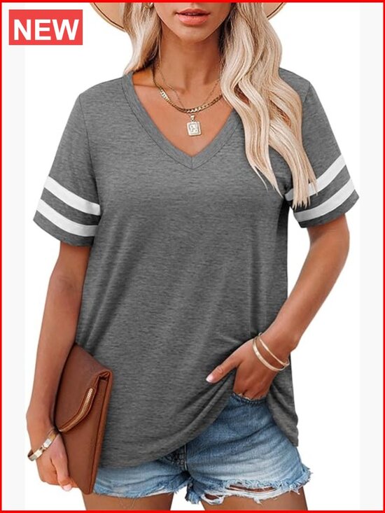 Tops - V-Neck Short Sleeve Tunic T-Shirt Loose Fit Cotton Blend